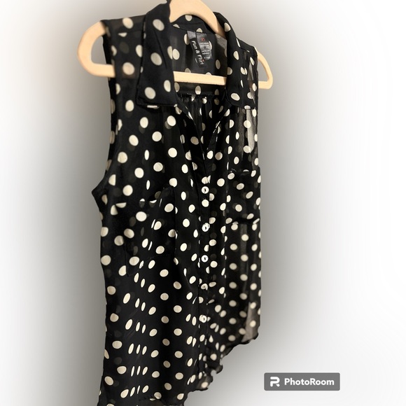 NWOT XS black blouse with white polka dots button down with breast pockets - Picture 2 of 5